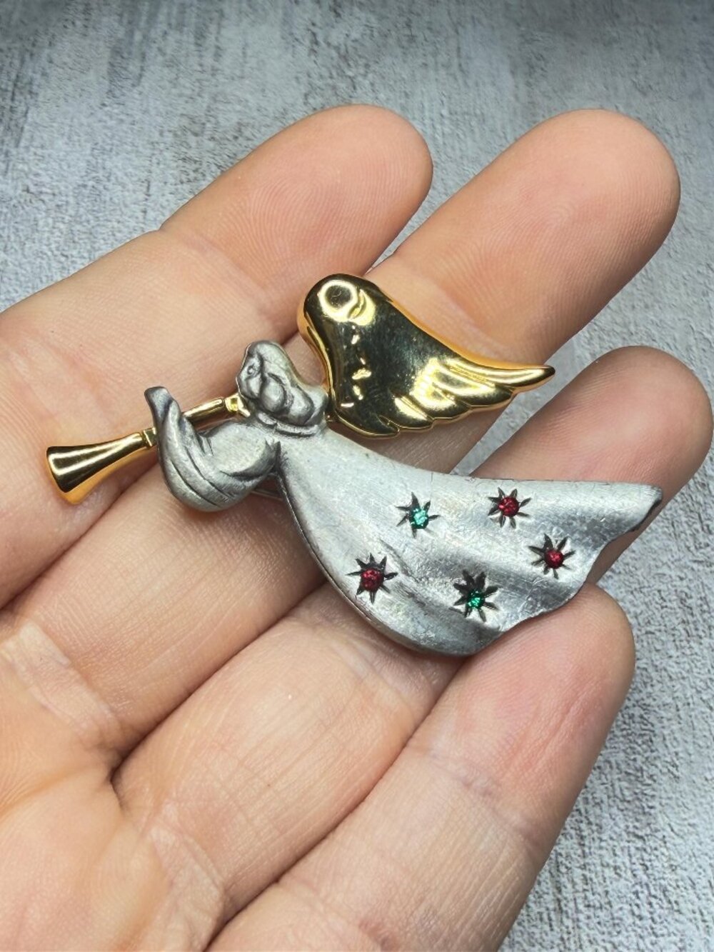 Angel Trumpet Vintage Brooch Two Tone Star Rhinestones Christmas Pin 2 inches